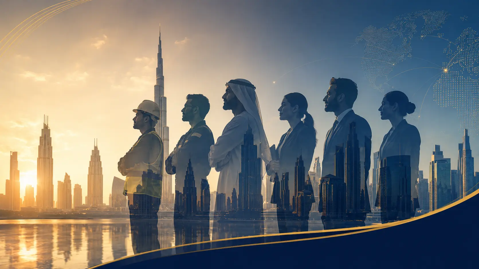 Silhouettes of Royal Link Consultancy's diverse workforce against the Dubai skyline, representing the company's international recruitment network