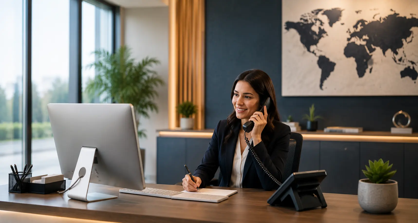 Royal Link Consultancy receptionist assisting a client by phone at our Dubai office